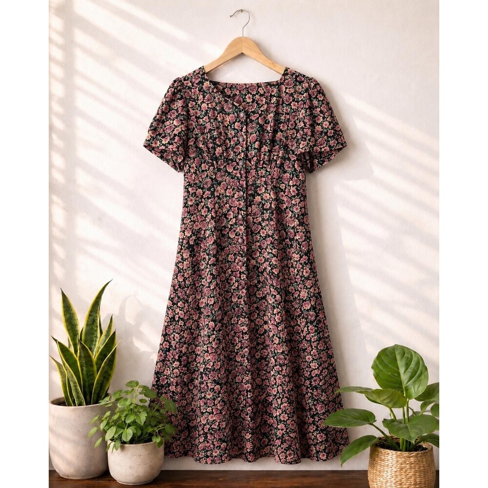 Vintage 1990s Dark Floral Maxi Dress Pink Rose Button Front Romantic Cottagecore